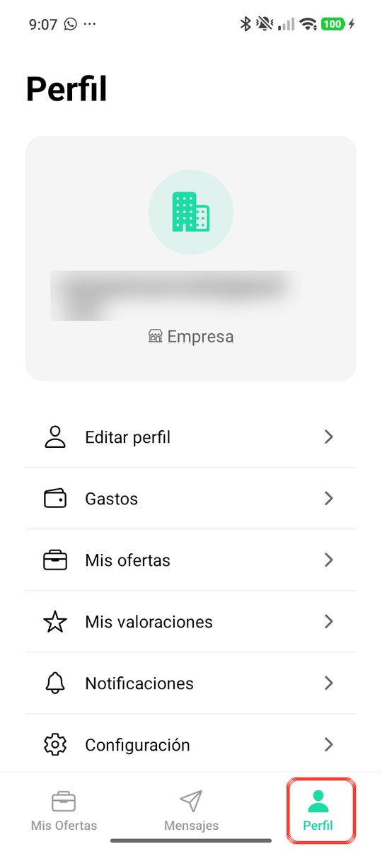 Pantalla Perfil de la app Hoslance con la pestaña Perfil marcada abajo a la derecha
