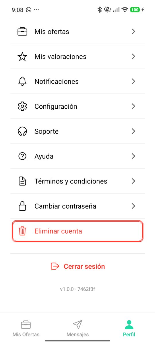Final del menú de Perfil con la opción Eliminar cuenta marcada, encima de Cerrar sesión