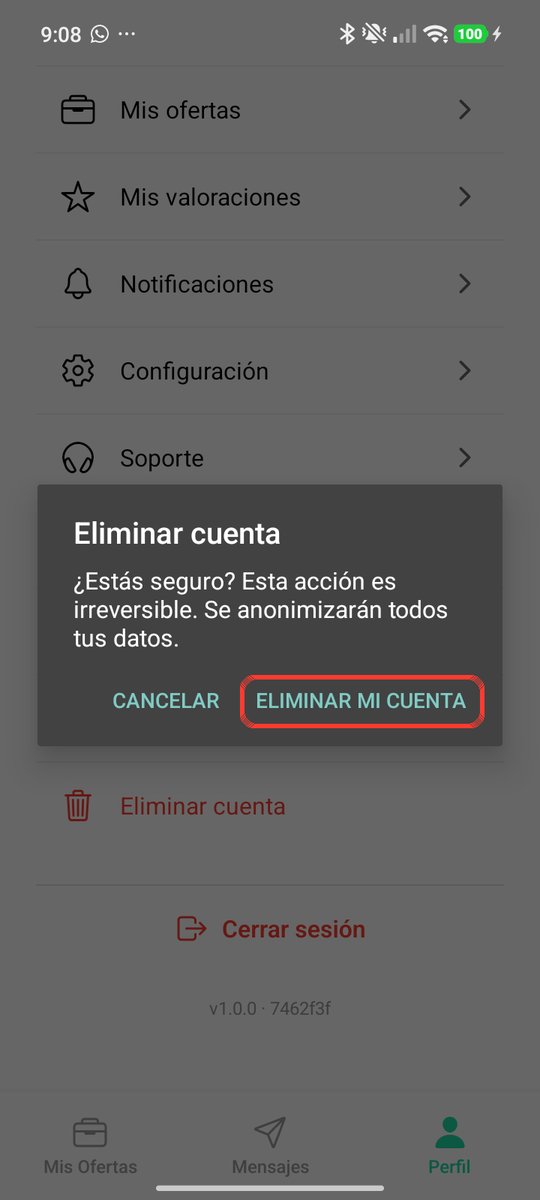 Aviso Eliminar cuenta con los botones Cancelar y Eliminar mi cuenta